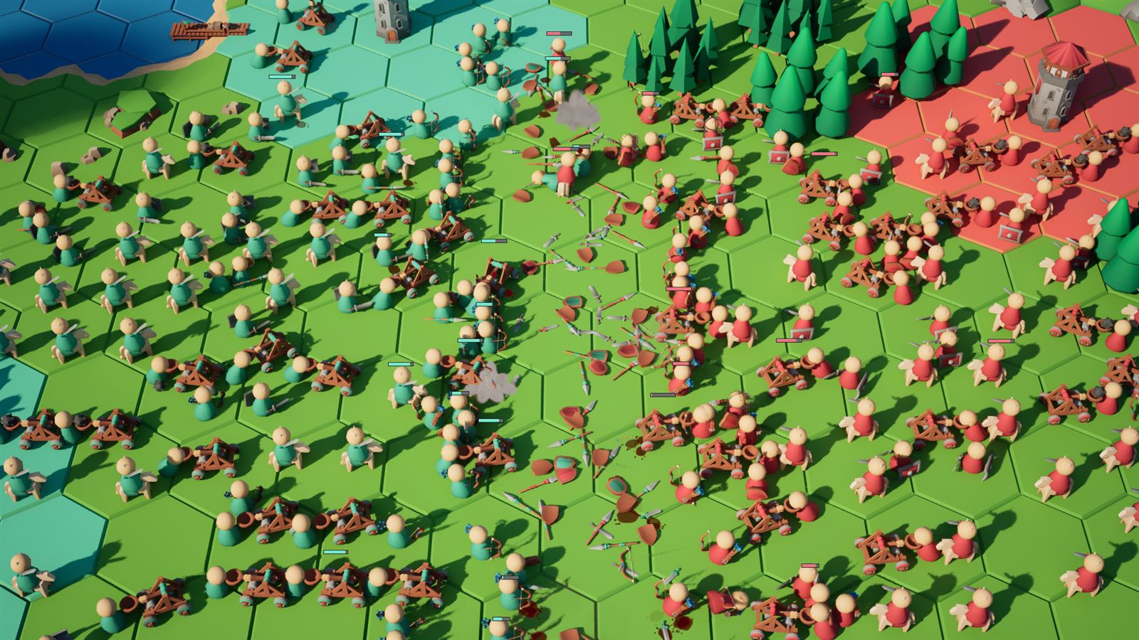 Wide view of a 150 versus 150 battle on hex tiles.