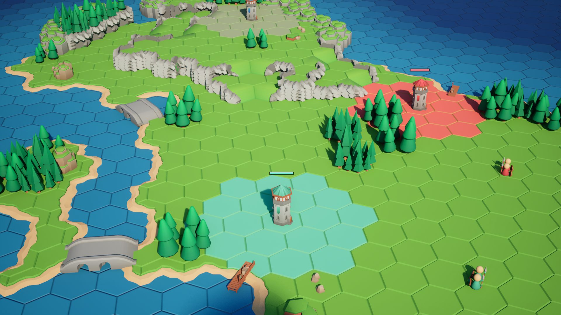 An island seen low over the sea: rivers, bridges, cliffs and two towers.