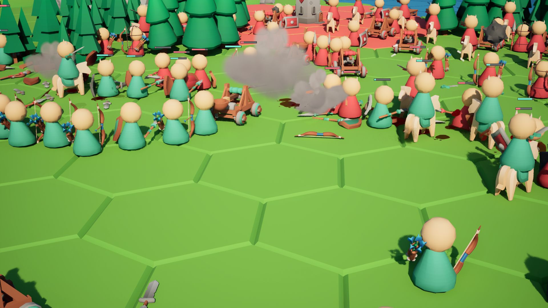 Catapult smoke rises over the front line as teal archers fire into the red ranks.
