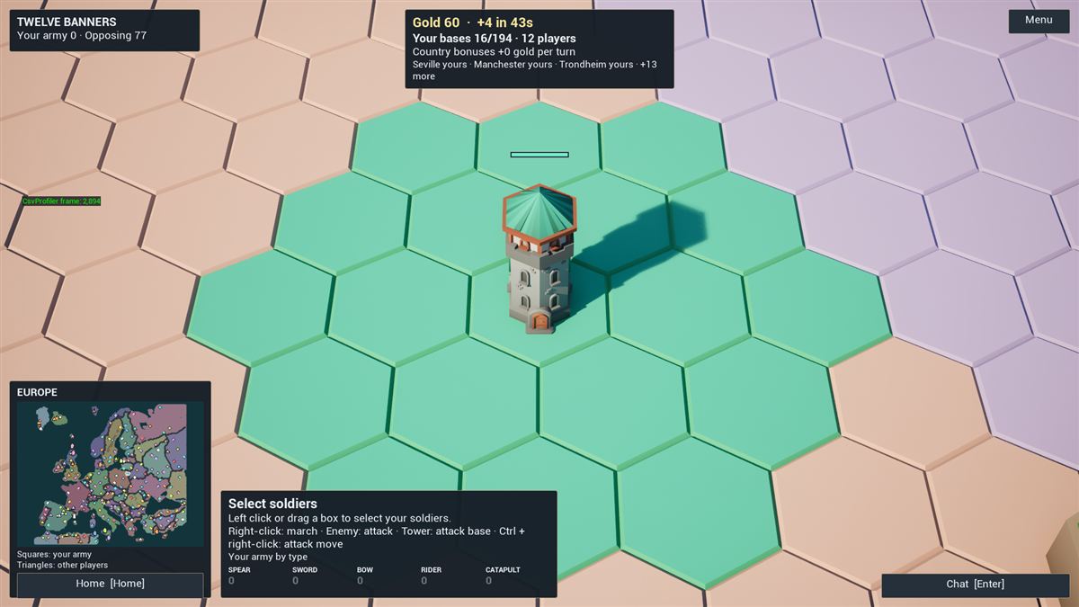 A teal tower with the Europe minimap and gold counter.